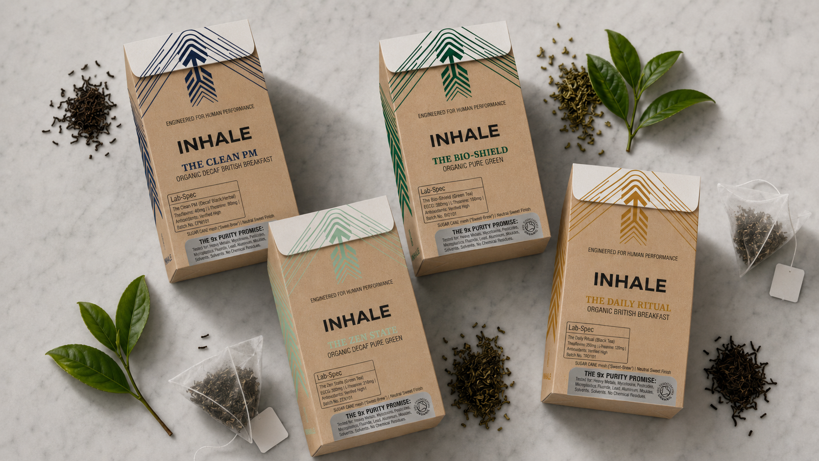 INHALE premium kraft tea pouches flat lay